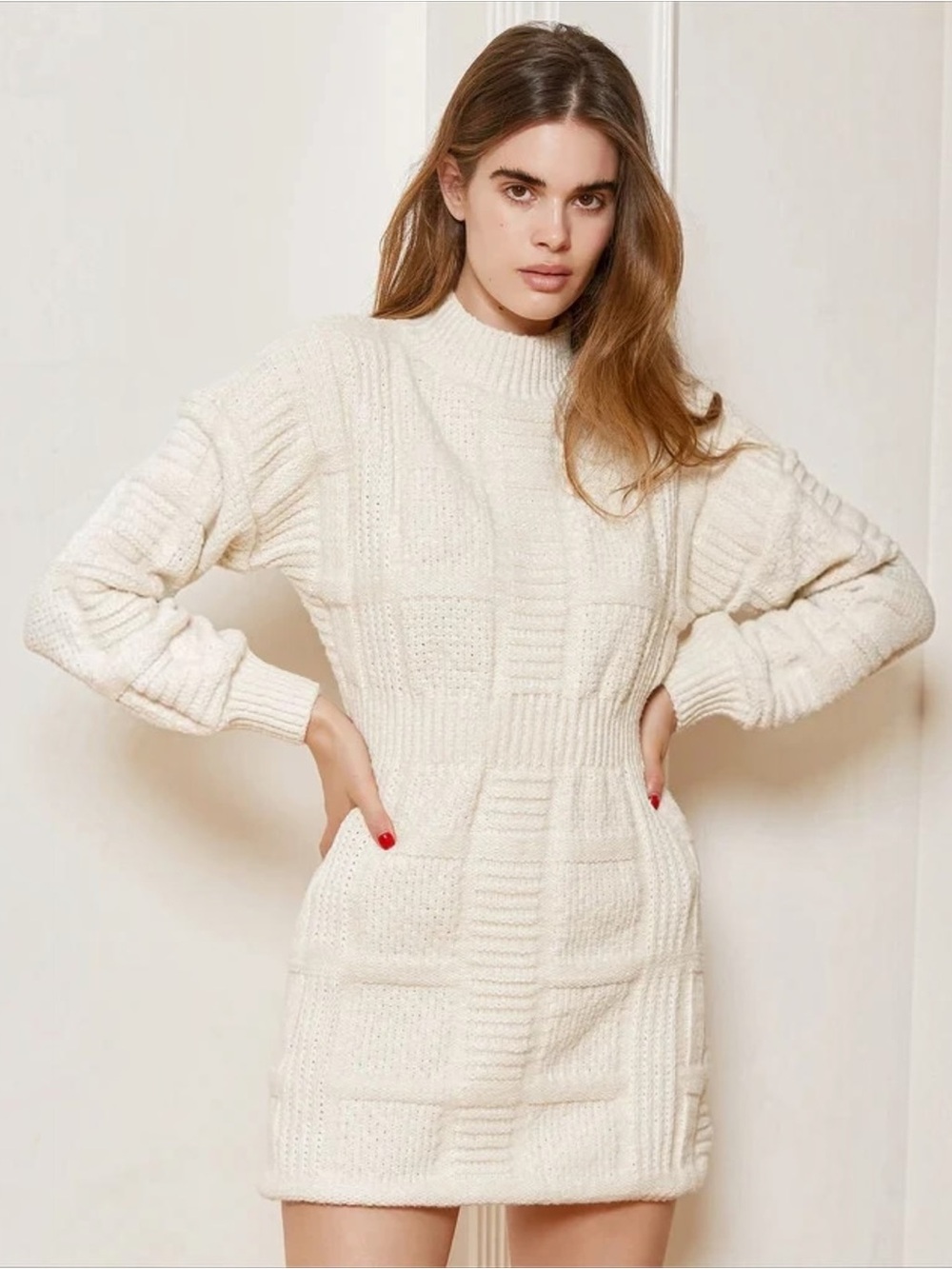 Lulus Cream Patchwork Knit Open Back Tie Sweater Mini Dress M
